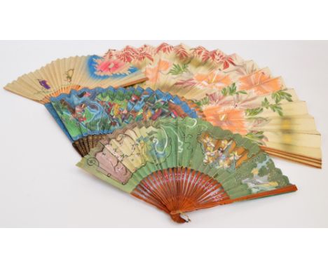 A 20th century Mandarin style Hundred Faces fan, with black lacquer guards decorated with gilt heightened floral motifs and m