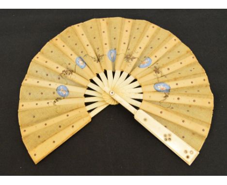 A c.1900 expanding folding fan, the bone guards decorated with metallic studs with a telescopic head, with mother of pearl ed