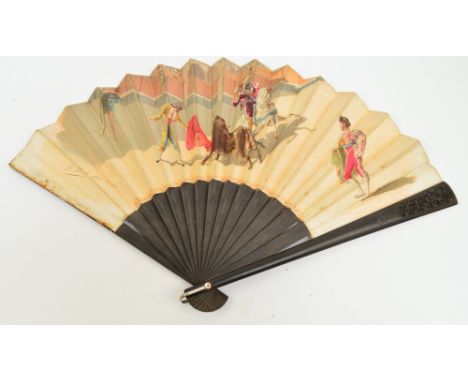 A late 19th century Spanish souvenir folding fan, the black painted wood guards carved with "España" to the front and "Recuer