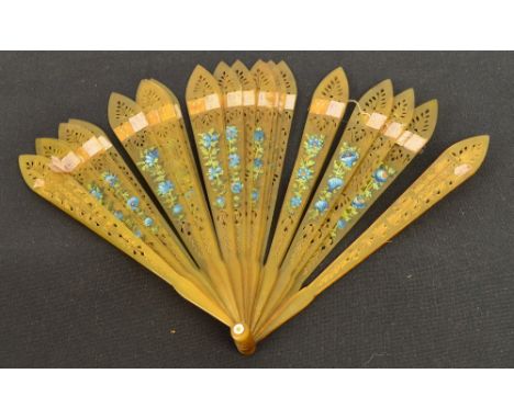 A late 19th century European brisé fan with pierced horn guards, pierced and alternately painted sticks decorated with blue f
