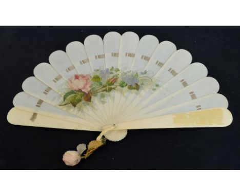 A late 19th century ivory brise fan with plain form guards and sticks, mother of pearl edged rivet and shaped loop suspending