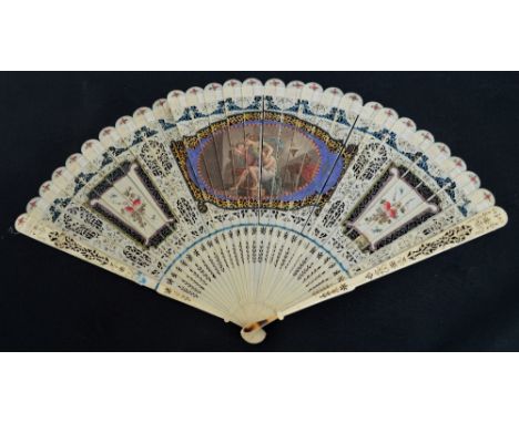 A early 19th century French brise fan with pierced ivory guards with mother of pearl head, the pierced sticks forming cartouc