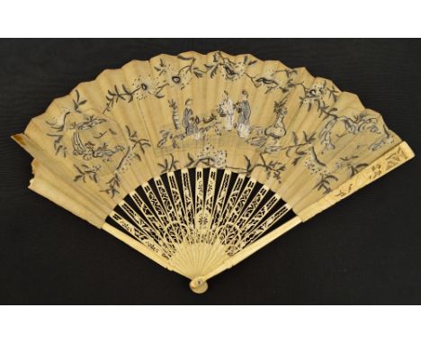 A 19th century Canton folding fan with pierced carved figural bone guards and pierced sticks with mother of pearl edged rivet