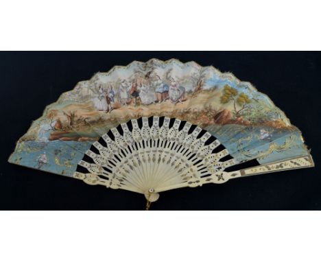 A early 19th century European folding fan with pierced shaped and metal inlaid bone guards and matching sticks with mother of