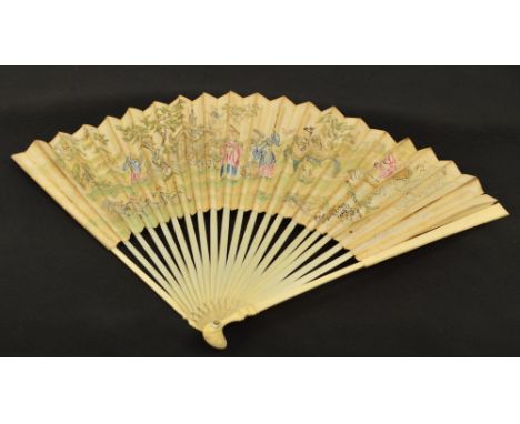 An 18th century folding fan with plain ivory guards and sticks with mother of pearl edged rivet, the mount printed and overpa