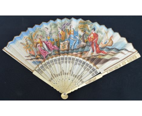 A possibly Canton export early 19th century folding fan with carved ivory guards, pierced and shaped sticks forming cartouche