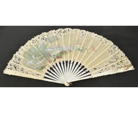 A J Duvelleroy mid to late 19th century folding dance fan with pierced and silver inlaid mother of pearl guards and sticks, w