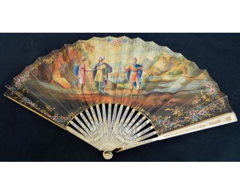 A European early 19th century folding fan with pierced and gilt decorated guards with mother of pearl heads, matching sticks 