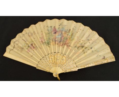 A J Duvelleroy late 19th century folding fan, the bone guards studded with metallic dots with a house vignette to the front g