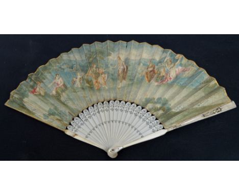 A mid 19th century folding fan with ivory guards set with mother of pearl, the sticks with pique work patterns, with mother o