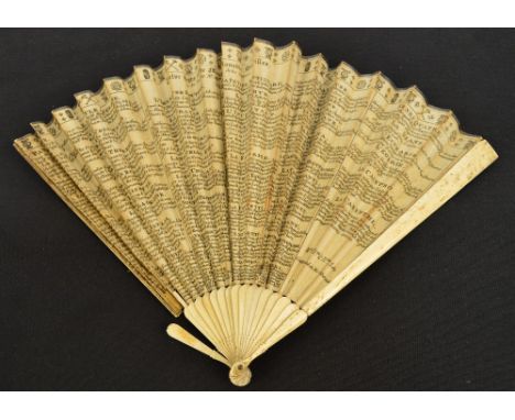 An 1821 folding advertising fan with bone guards, sticks and rivet surround, detailing "Twelve setts of the most fashionable 