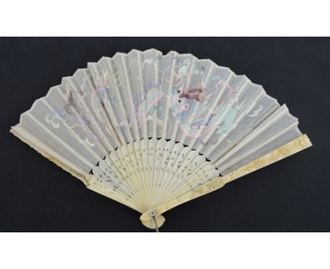 A Canton export folding fan, the ivory guards carved with a floral motif, the sticks shaped and pierced, with mother of pearl