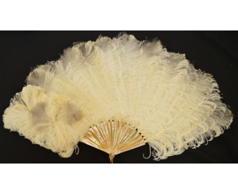 A J Duvelleroy late 19th century ostrich and egret feather folding fan with mother of pearl sticks, with an applied silver st