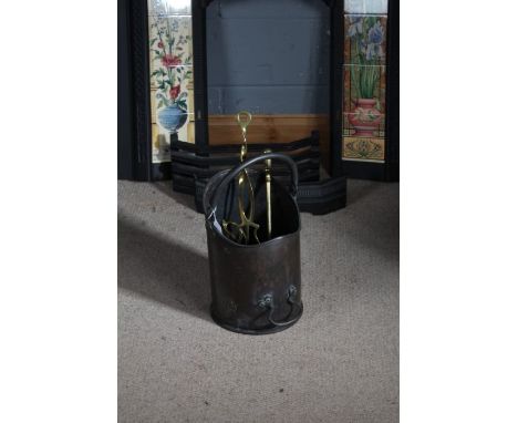 Copper coal scuttle, together with fire tools and a 19th century brass skimmer (qty)