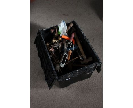 Black plastic crate of various had tools, to include planes, hammers etc., (1 box)
