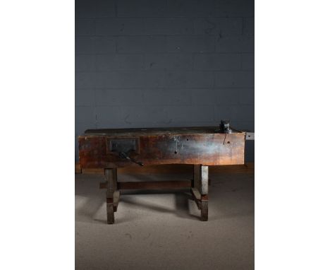 Pine work bench, with attached vice, 163cm long