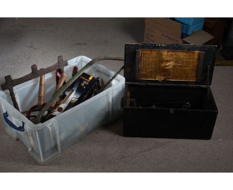 Plastic crate of various hand tools and a black painted box of tools (2)