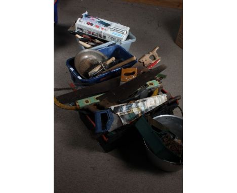 Three crates of hand tools, preserve pan, nails, hand saws, spirit level etc., (3 crates)