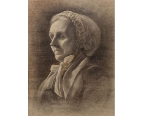 E.H. Hall - Charcoal portrait - Lady in a bonnet, monogrammed, 58.5cm x 41cm, framed and glazed  