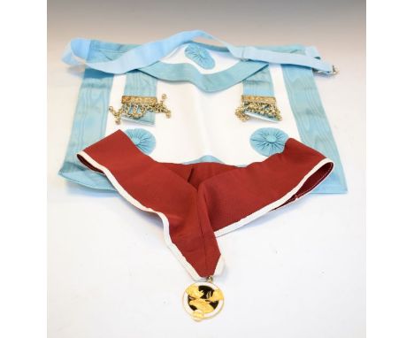 Masonic Interest - Silk and vellum ceremonial apron, sash and enamelled gilt base metal 'Jewel'  