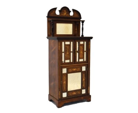 Edwardian rosewood, bone and boxwood inlaid cabinet having architectural pediment above a mirror back with shelf above, the b