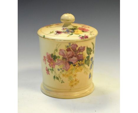 Royal Worcester porcelain blush ivory biscuit barrel with floral decoration, green printed marks with date code for 1902 bene