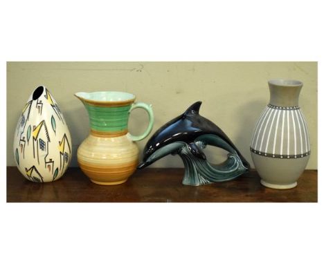 Beswick retro vase of ovoid form, shape 1389, 21cm high, together with a Shelley jug, Poole dolphin and Bourne Denby stonewar