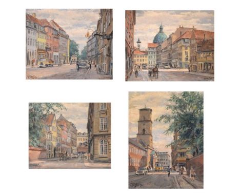 K. Molter (20th Century) - Oil on canvas - Four Continental street scenes, possibly Denmark, each signed, three 26cm x 34cm, 