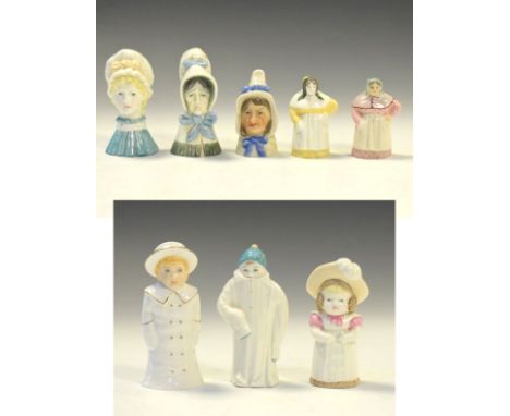 Collection of Royal Worcester candle snuffers comprising: Old Woman, French Cook (x 2), Mob Cap, Boy with Boater, Feathered H