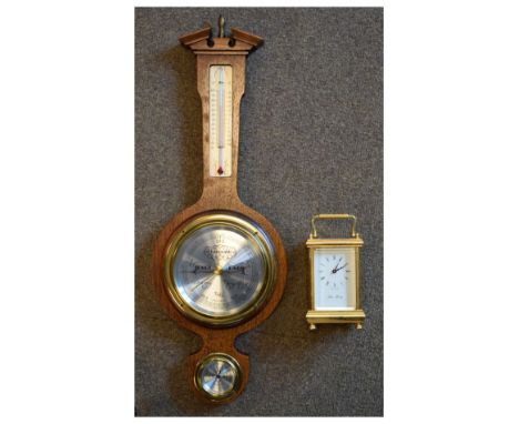 Modern lacquered brass carriage timepiece by John Morley, single-train timepiece movement, 15cm high (handle up), together wi