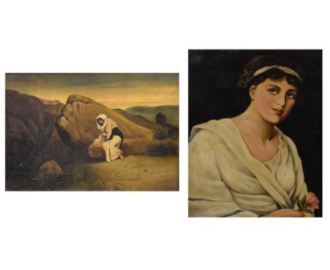 E.H. Hall - Oil on canvas - Portrait of a classical maiden holding a flower, 48.5cm x 38.5cm, together with oil on canvas - M