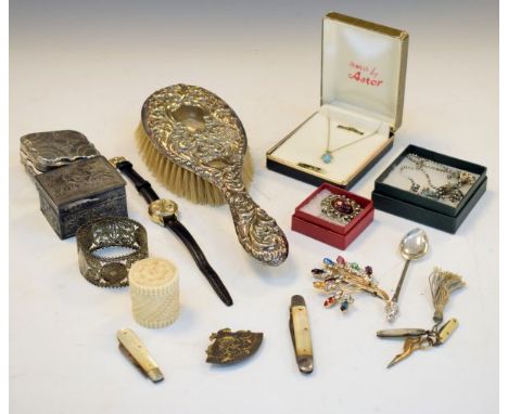 Assorted collectables to include; silver snuff or pill box, silver-backed dressing table brush, folding fruit knives, turquoi