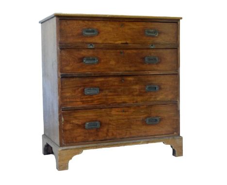 19th Century mahogany campaign chest fitted four drawers with tooled inlaid leather slide beneath the top drawer, fitted bras