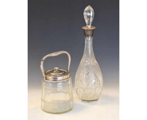 George V glass biscuit barrel with silver collar, handle and lid, Birmingham 1911, together with a cut crystal decanter with 