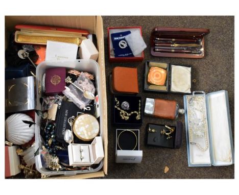 Box containing an assortment of dress and costume jewellery, other accessories including compacts, hip flask, etc  