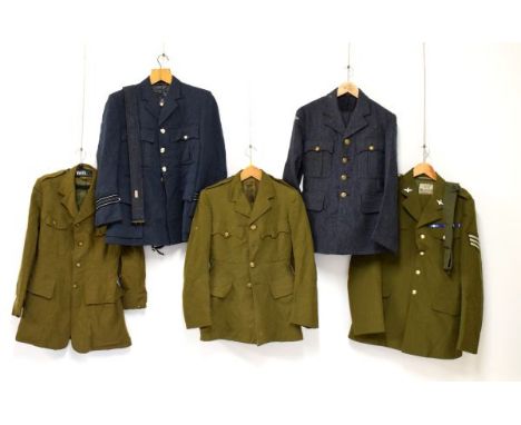 Collection of post World War II Royal Airforce and Army military uniforms, all with various patches and in various sizes  