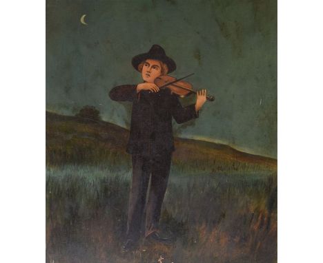E.H. Hall - Oil on board - Full length portrait of a fiddle player looking towards a crescent moon, unsigned, 58cm x 45cm, in