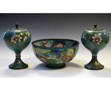 Pair of 20th Century Chinese cloisonné enamel pots and covers, 19.5cm high, together with a similar bowl, 22cm diameter (3)  