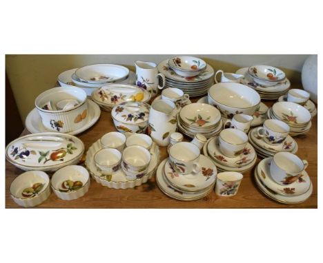 Large selection of Royal Worcester Evesham pattern oven-to-tableware to include; serving dishes, cups, saucers, plates, ramek