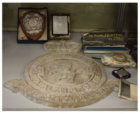 Assorted collection of Royal Airforce (RAF) related items comprising of large cast iron radio station (47cm tall), various mo