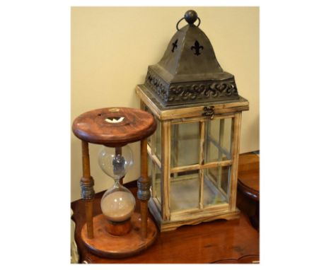 Large vintage hourglass or sand timer, 29.5cm high, together with a hanging lantern (2)  