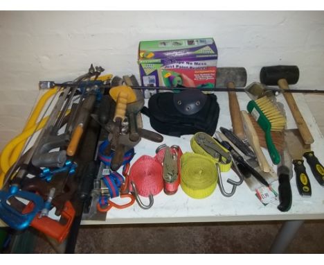A QUANTITY OF HAND TOOLS, STRAPS ETC.