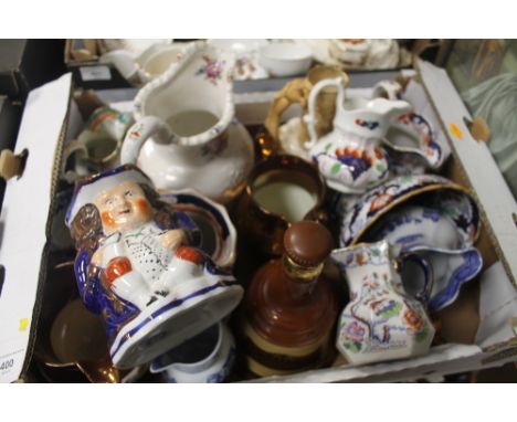 A TRAY OF CERAMICS TO INCLUDE BELL'S SCOTCH WHISKY DECANTER ETC.