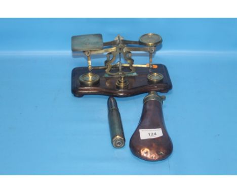 A SET OF POSTAL SCALES TOGETHER WITH A COPPER POWDER FLASK AND A LIGHTER IN THE FORM OF A BULLET