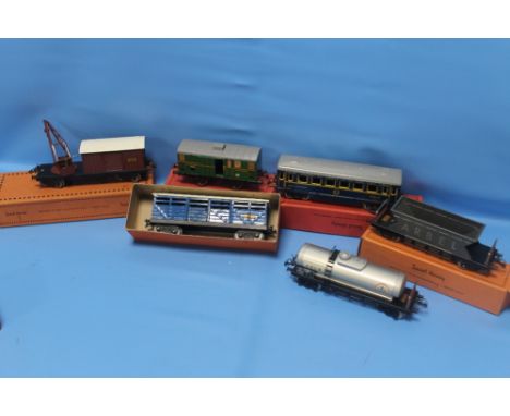 SIX BOXED HORNBY"0"GAUGE ROLLING STOCK, to include wagon number 1, number 2 animal wagon, Arbel hopper wagon, a restaurant ca