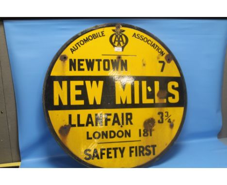 A CIRCULAR ENAMEL SIGN 'NEWTOWN NEW MILLS, LLANFAIR, LONDON 76 X 76 CM DIAMETER