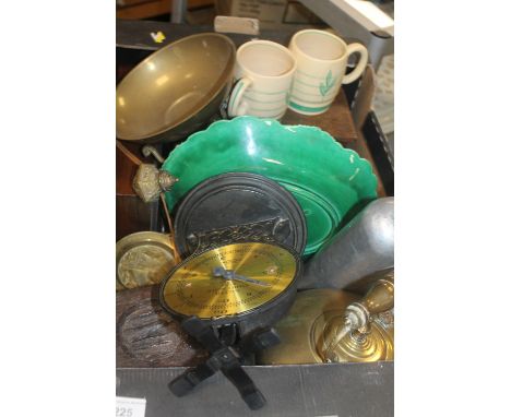 A BOX OF COLLECTABLES TO INCLUDE A SET OF SALTER SCALES, A BRASS KETTLE, A VICTORY FLASK, ETC.