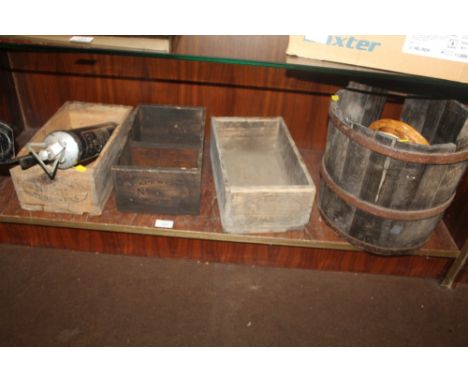 CAPEWELL HORSESHOE NAILS, wooden crate and a vintage "No Swift" fire extinguisher with wall bracket and a wooden barrel etc.