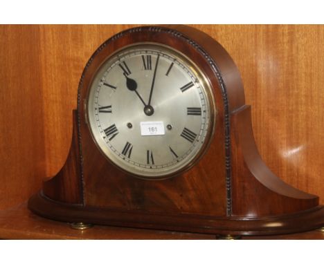 A MAHOGANY CASED MANTEL CLOCK, case marked "X.L, British Manufacture", silvered dial with Roman numeral markers, H 32 cm, W 5