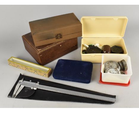 A Collection of Various Vintage Empty Boxes,a Vernier Caliper, Scale Weights Etc